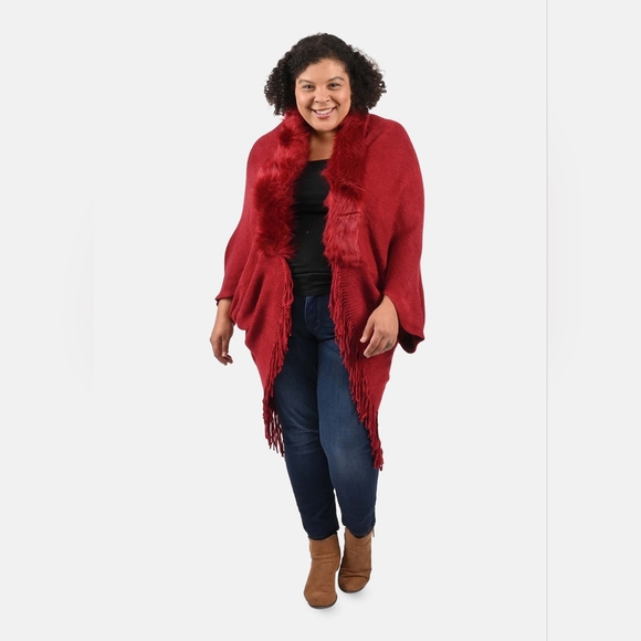 NEW NWT Tamsy Color Trendy Rust/Burgundy Luxe Faux Fur Trimmed Kimono One Size - Picture 1 of 8